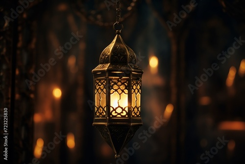 Arabic lantern with burning candle and night sky