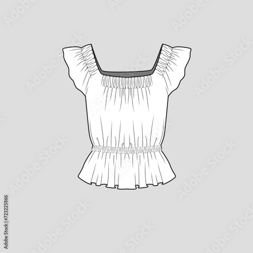 Ruffle gathering neck top shirred square neck waist elastic gathering detail fashion t shirt top blouse flat sketch technical drawing template vector