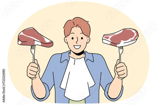 Smiling man holding steaks on forks in hands. Happy male ready to eat fresh meat excited about delicious dinner. Nutrition and diet concept. Vector illustration.