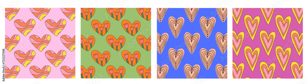 set of retro psychedelic patterns-hearts and valentines for February 14th.Funky and groovy heart shapes ornaments.Hippie rainbow backgrounds only good vibes.valentine's day 1970-1980	