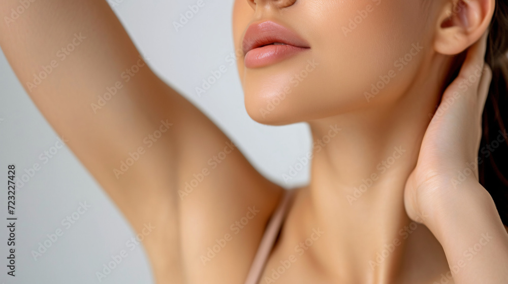Closeup young beautiful woman showing armpit with smooth clean skin on solid background Closeup young beautiful woman showing armpit with smooth clean skin on solid background