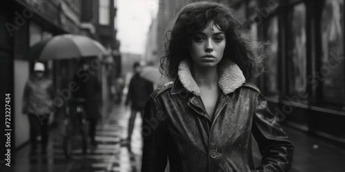 A woman is seen walking down the street wearing a leather jacket. This image can be used to depict urban fashion or a confident individual in a city setting © Fotograf