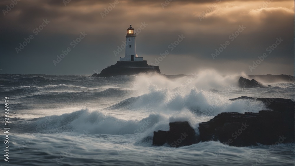 lighthouse surrounded by high waves on a stormy day in the ocean