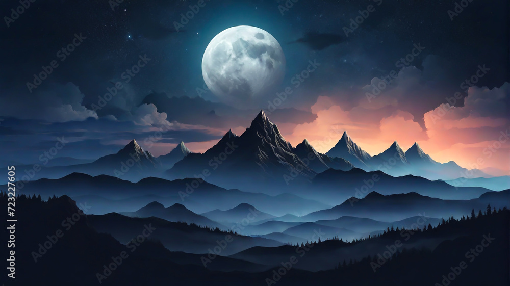 A silhouette illustration of mountains with a silhouette of a big moon in the sky. A silhouette illustration of mountains with a silhouette of a big moon in the sky.