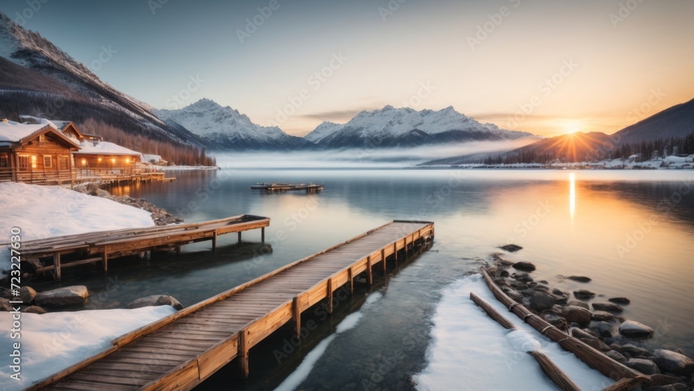 A sunrise at the snowy lake