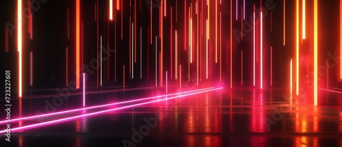 Bold studio setting with a dark black abstract theme, neon light bars creating a pattern, infusing energy and modernity