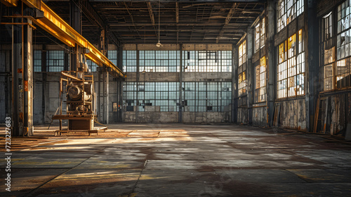 An empty factory floor with rusting machinery and broken windows.