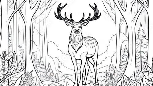 Children coloring book deer in nature tree