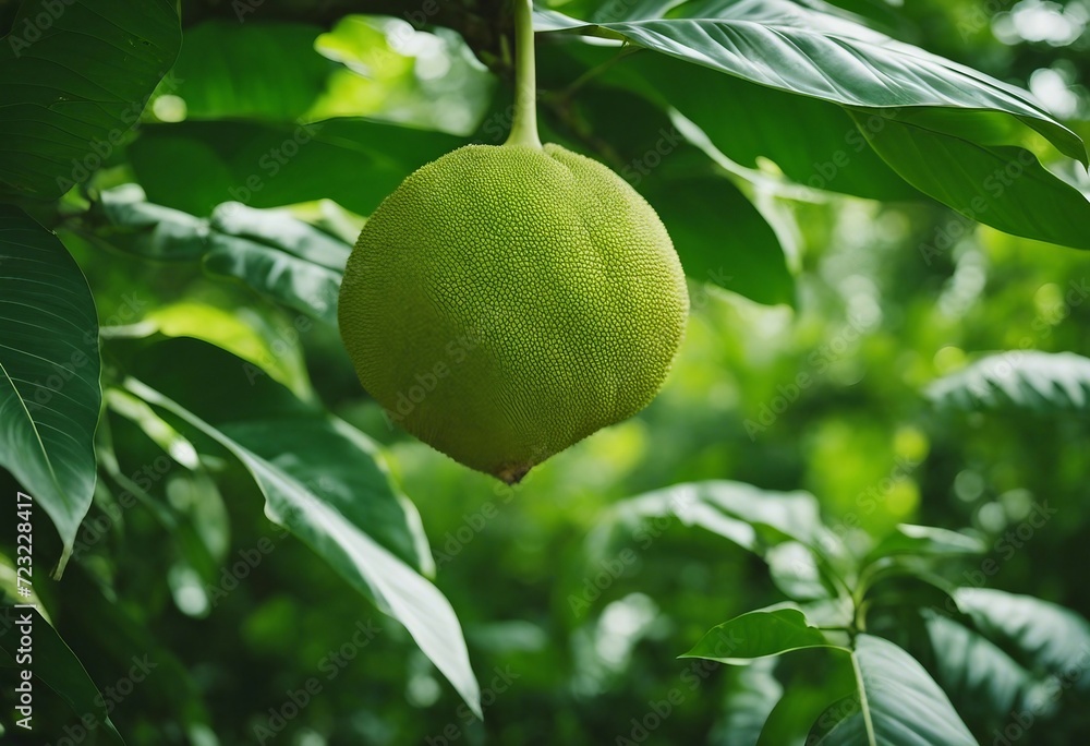 Breadfruit on breadfruit tree with green leaves in the garden Tropical tree with thick leaves are de Breadfruit on breadfruit tree with green leaves in the garden Tropical tree with thick leaves are de