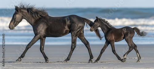 Mare and foal galloping on sandy beach at sunrise  symbolizing freedom and power
