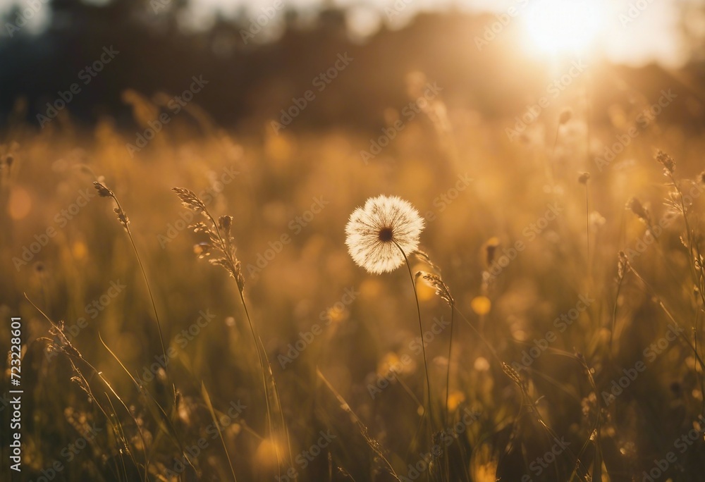 Grass flower in the morning at sunrise with golden sunshine Flower field in rural Orange meadow back