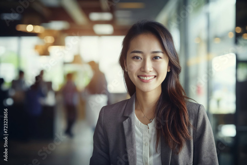 Beautiful Asian lady in business attire smiling in the city office smiling happily and confidently