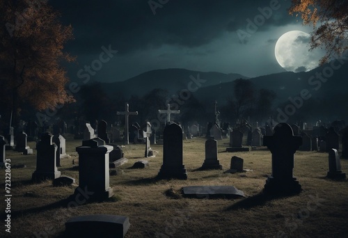 Halloween day concept Cemetery or graveyard in the night with dark sky Haunted cemetery Spooky and c