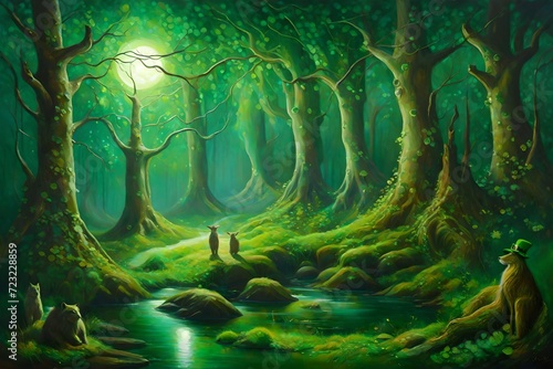 A magical St. Patrick s Day forest  shimmering green foliage  mythical creatures dancing in the moonlight