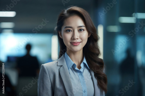 Beautiful Asian lady in business attire smiling in the city office smiling happily and confidently