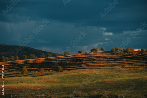 Scenic autumn landscape with a dramatic sky and some sunlight on golden field.