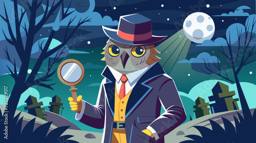Cartoon detective owl with magnifying glass in moonlit cemetery at night