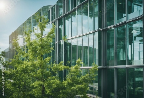 Sustainble green building Eco-friendly building Sustainable glass office building with tree for redu