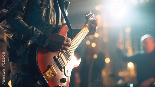 A man is seen playing a guitar while wearing a leather jacket. This image can be used to depict a musician or a performer on stage photo