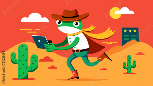 Cowboy frog cartoon vector illustration in wild west desert