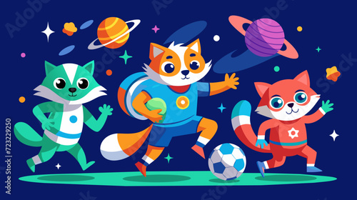 Cute animated space animals playing soccer on distant planet illustration