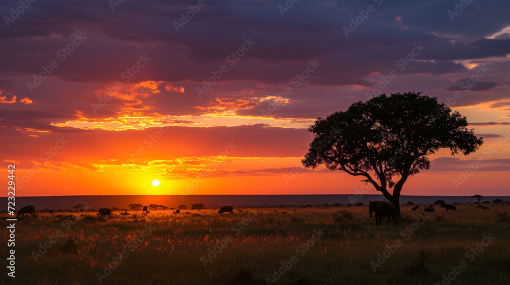 An expansive savanna at sunset with silhouettes of wild animals and a vibrant sky.