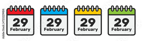 29 February 2024 leap year day calendar vector set in four different colors with outline.