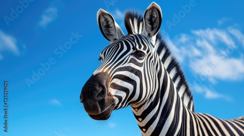 Close up of a zebra s face with a clear blue sky in the background. Perfect for wildlife or animal-themed projects
