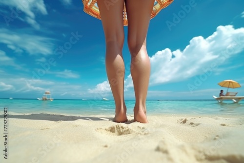 A woman standing on a beach with an umbrella. Ideal for travel and vacation concepts