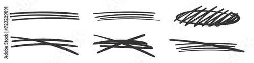 Set of Strikethrough Lines in Doodle Style. Hand Drawn Emphasis Elements Include Underlines, Marker Lines, and Crossed Scribble Stripes.