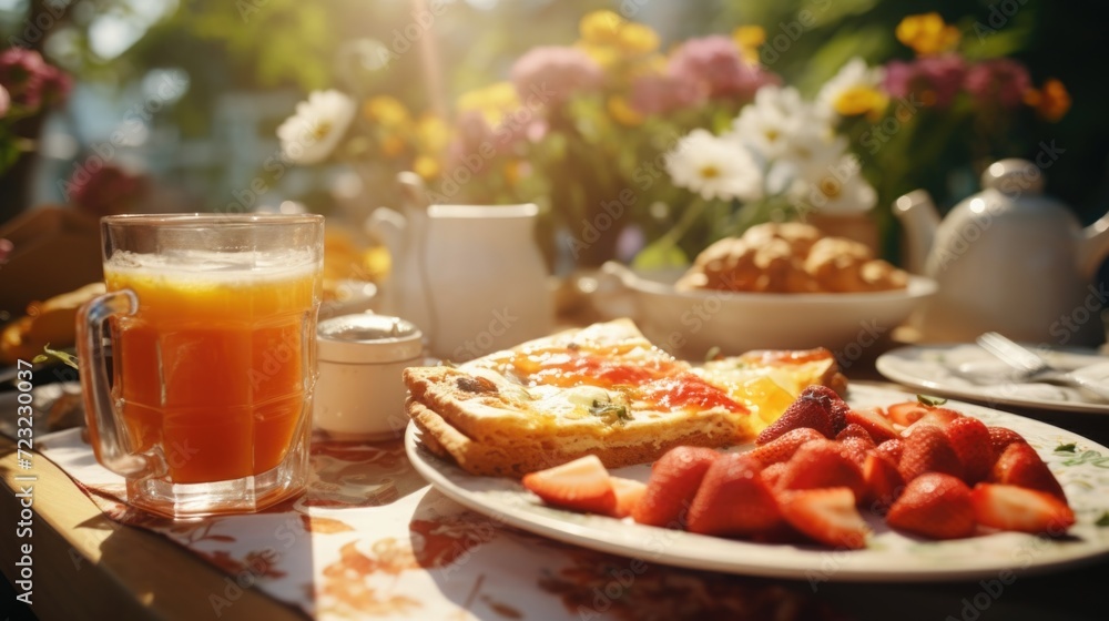A table with plates of food and a refreshing glass of orange juice. Perfect for showcasing delicious meals and beverages. A table with plates of food and a refreshing glass of orange juice. Perfect for showcasing delicious meals and beverages.