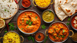 An Indian curry feast with butter chicken saffron rice naan and various chutneys.