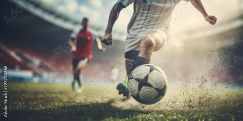 A soccer player in action, kicking a soccer ball on a field. Suitable for sports-related designs and articles © Fotograf