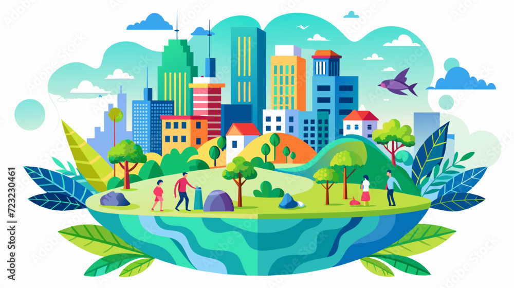 Colorful vector illustration of sustainable city and nature - obrazy, fototapety, plakaty 