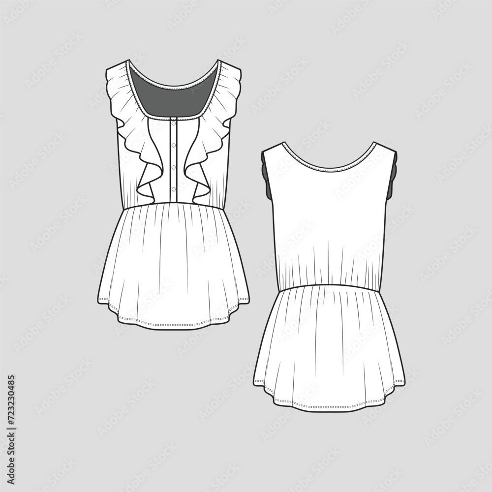 Ruffles peplum Sleeveless top Sqaure Neck button panel Waist Gatherings fashion t shirt tunic top blouse Flat Sketch technical Drawing template design vector Ruffles peplum Sleeveless top Sqaure Neck button panel Waist Gatherings fashion t shirt tunic top blouse Flat Sketch technical Drawing template design vector