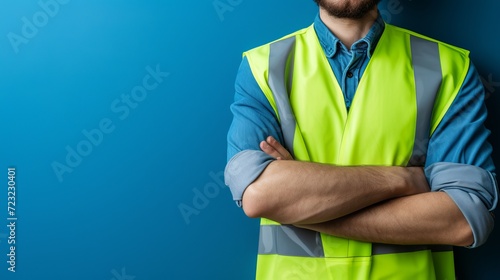 Smiling construction worker in uniform and helmet, copy space, labour day concept photo
