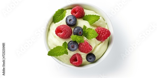 A refreshing bowl of yogurt topped with fresh berries and garnished with mint leaves. Perfect for a healthy breakfast or a light snack.