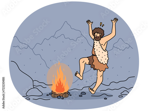 Indigenous man dancing near fire in nature. Tribal male ancestor near campfire in mountains landscape. Vector illustration.