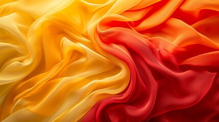Abstract yellow and red background with leaves and semi transparent silk fabric gently waving