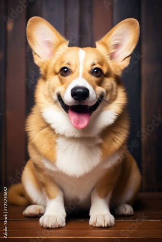 A brown and white dog sitting on top of a wooden floor. This image can be used to portray a loyal and friendly pet in a cozy home setting