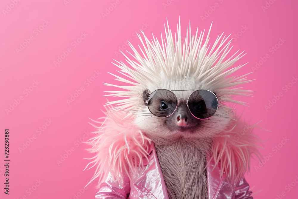 cute hedgehog wearing clothes and glasses on an yellow background. Funny fashion hedgehog wearing sunglasses. Funny, cute photo of animal looks like a human on trend poster. Zoo club
