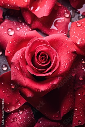 A detailed view of a vibrant red rose covered in glistening water droplets. Perfect for adding a touch of elegance to any project