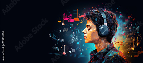 KI-gesteuerten Musik Unterhaltung, Mann mit Kopfhörern, Hintergrund Banner