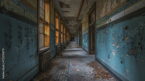 An old empty school with echoing hallways and peeling paint. © Leo