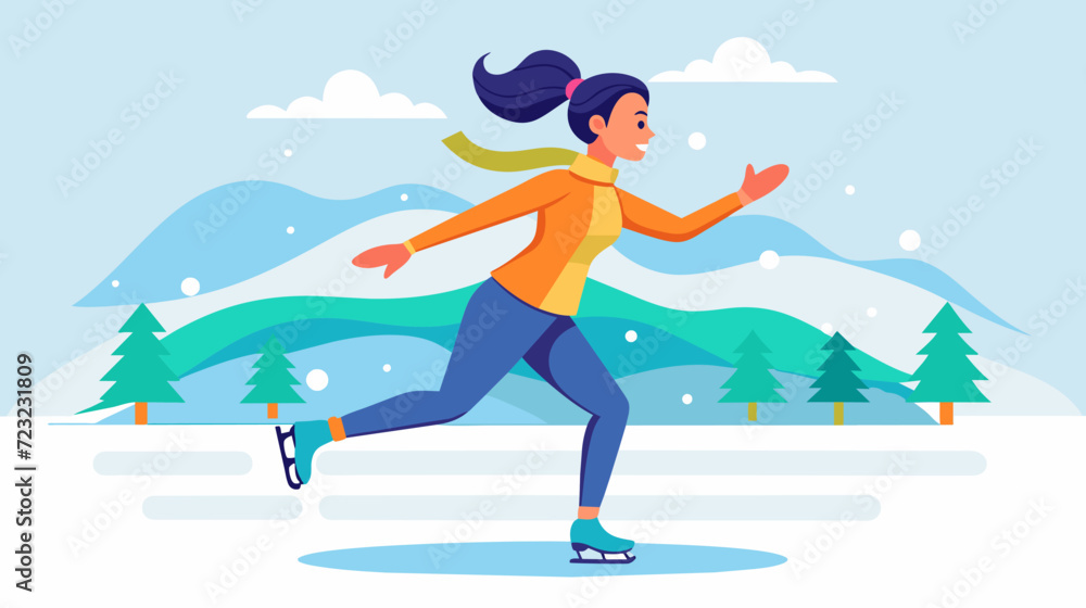 Active woman ice skating in winter landscape vector illustration