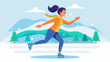 Active woman ice skating in winter landscape vector illustration