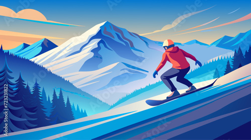 Winter sports enthusiast snowboarding on mountain slope vector illustration