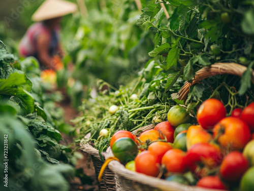 A basket full of ripe tomatoes rests in the foreground in a lush vegetable garden, with two farmers tending to the plants in the background, showcasing organic farming