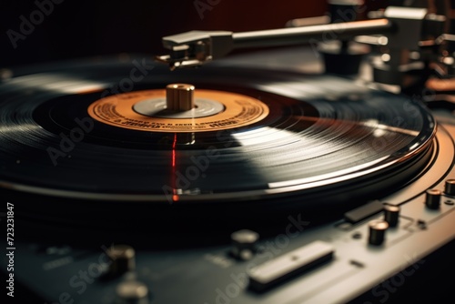 A detailed view of a record playing on a turntable. Perfect for music enthusiasts and vinyl collectors