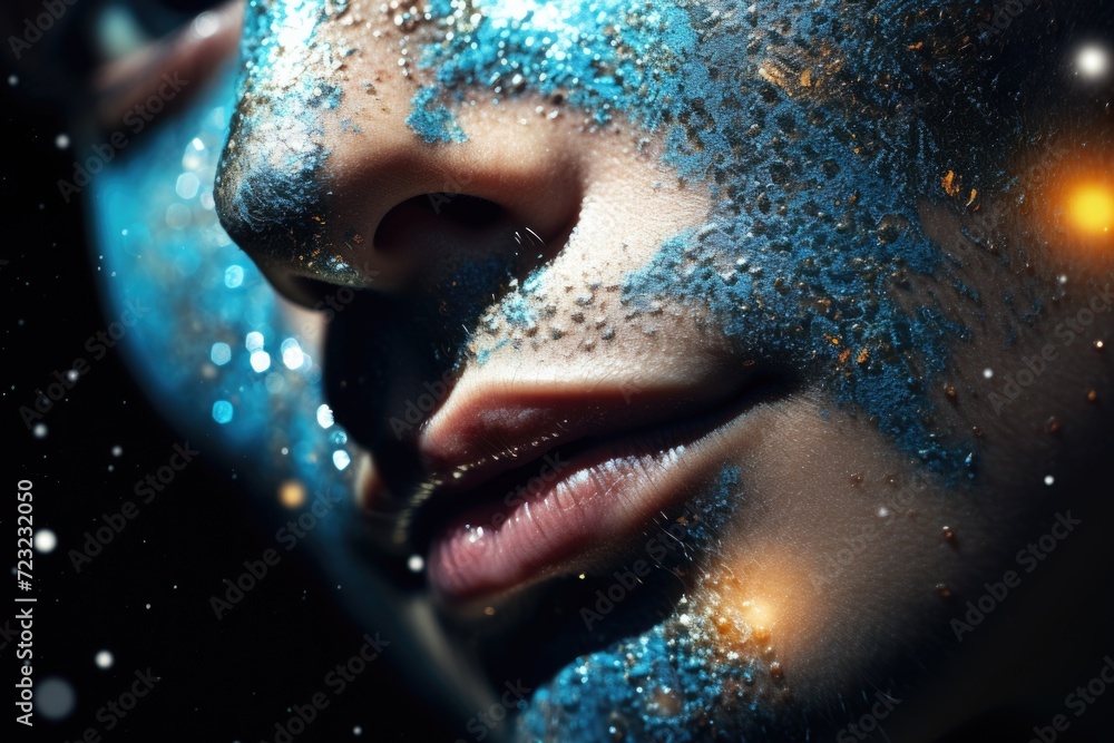 A close up of a person with glitter on their face. Perfect for adding sparkle and glam to your designs